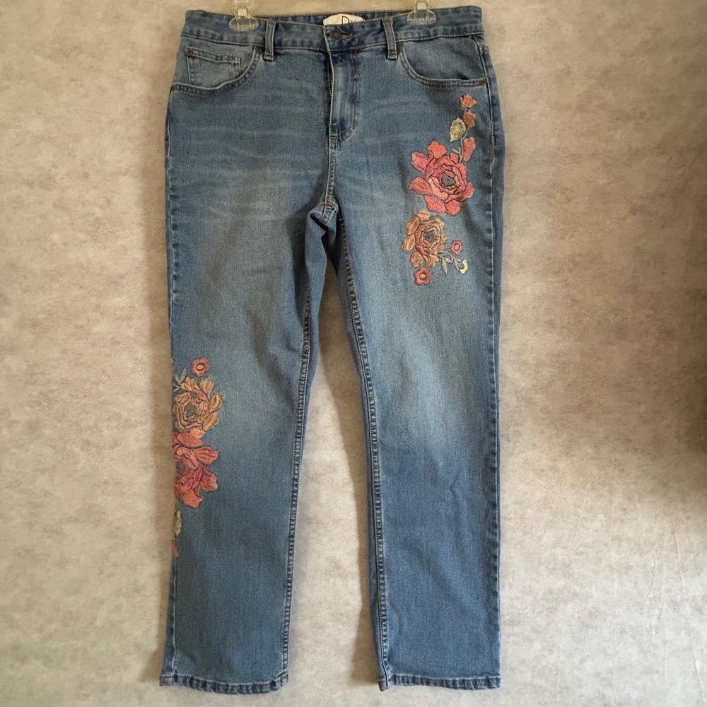 Dittos Womens Floral Embroidered Straight‎ Leg Jeans Blue Denim Size 14 Rose